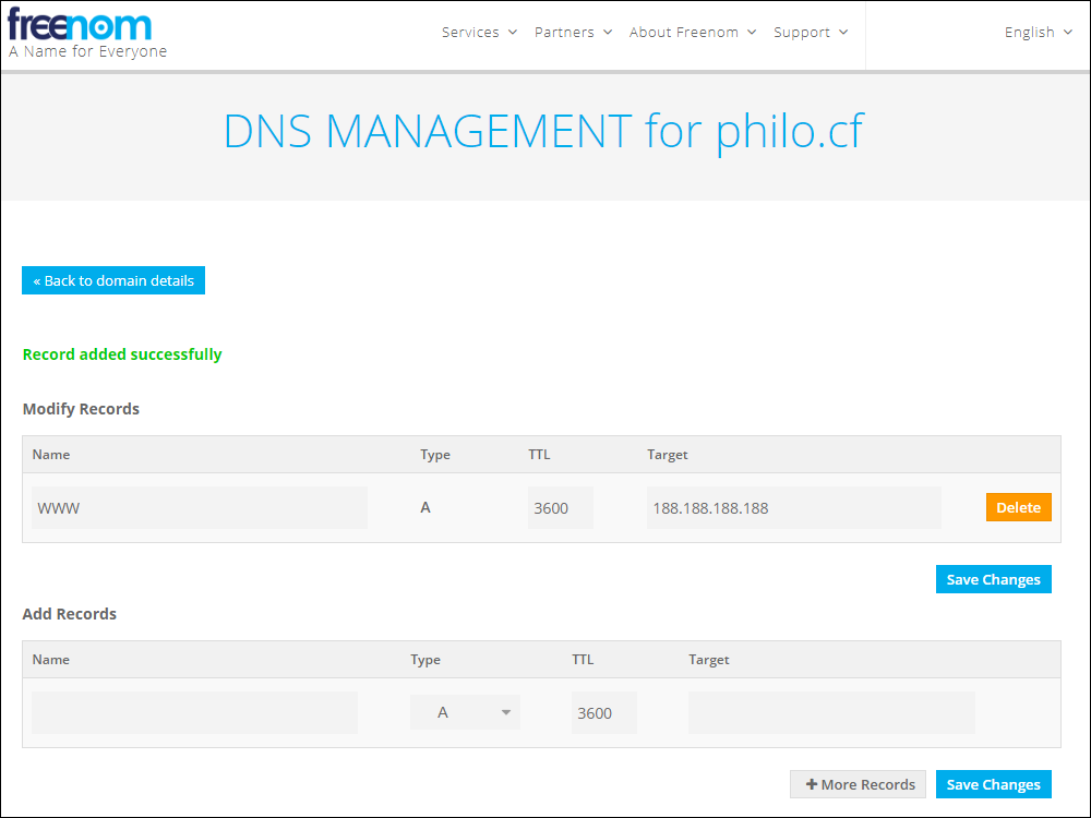 Freenom DNS management record added successfully