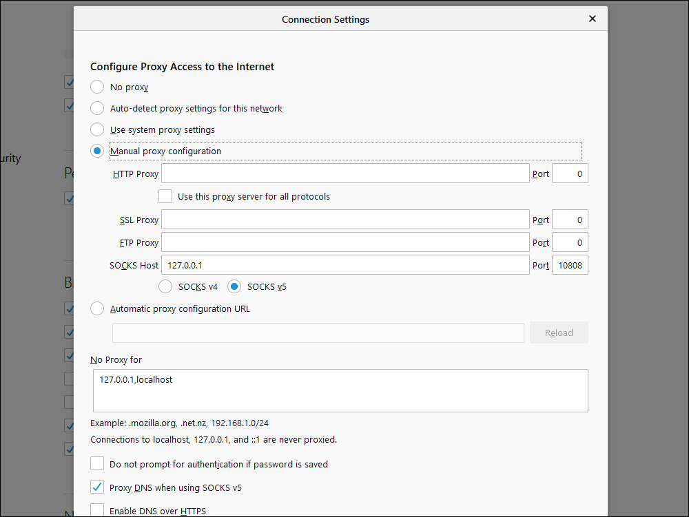 Firefox network settings for manual proxy configuration for V2RayN