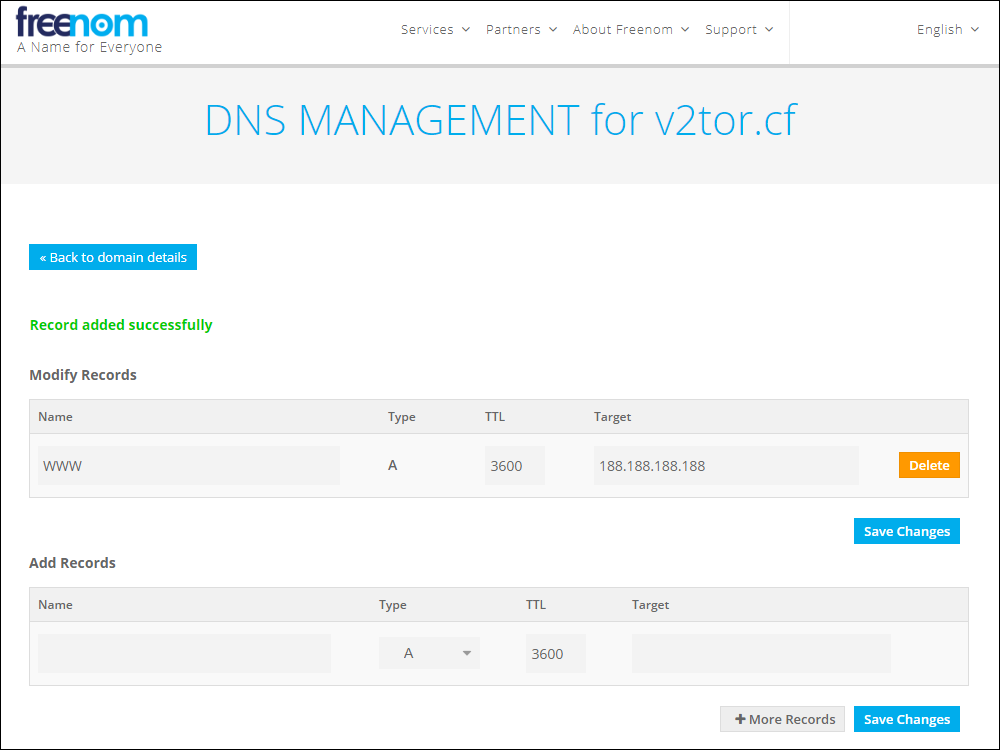 Freenom DNS management record added successfully